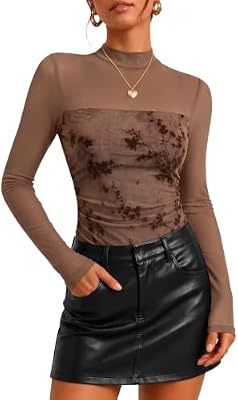 ZESICA Womens Fall Long Sleeve Turtleneck Floral Sheer Mesh Tops Brown S