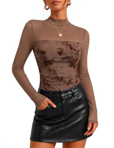 ZESICA Womens Fall Long Sleeve Turtleneck Floral Sheer Mesh Tops Brown S