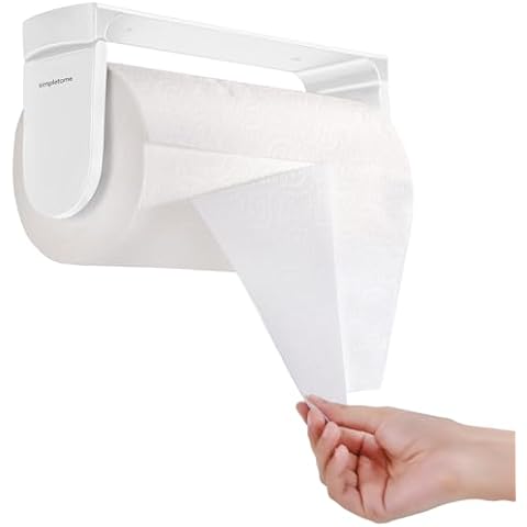 simpletome ONE HAND TEAR Paper Towel Holder Under Cabinet Adhesive or Drilling Installation Aluminum Alloy + ABS (White) Cover