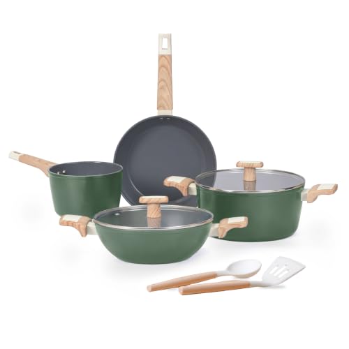 Image of Kreme Ceracook Ceramic Coated Granite 8 Pc Cookware Gift Set Casserole, Frying Pan, Kadai, Tawa, 2 Spatulas, ISI Certified, Forged, Gas & Induction, PFAS & PTFE Free,1 Yr Warranty, Olive Green