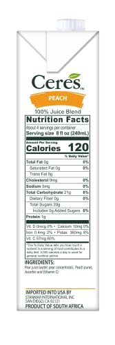Ceres 100% All Natural Pure Fruit Juice Blend - Delicious Peach Edition - Rich In Vitamin C, No Added Sugar Or Preservatives, Cholesterol Free, Gluten Free - 33.8 Fl Oz (Pack Of 12) #TOP5