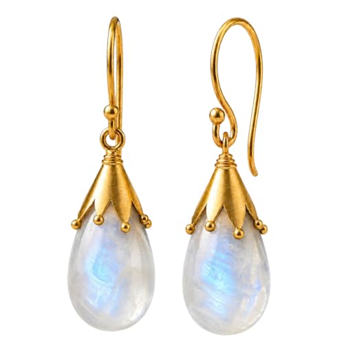 Image of Gempires Rainbow Moonstone Drop Earrings for Women | 14K Gold Plated Natural Stone Teardrop Dangle Earrings | Lightweight Crystal Hook Earrings | June Birthstone Jewellery Gift for Women