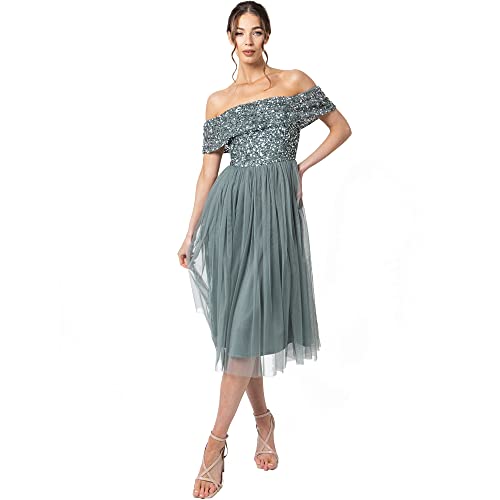Maya Deluxe Damska sukienka Bardot zdobiona Midi dla druhny, Misty Green, 10