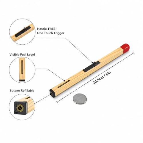 Image of Crasts Match Stick Shaped Butane Lighter, Long Handle Refillable Gas Lighter with One Touch Trigger & Visible Fuel Level, Multipurpose Lighter for Gas Kitchen, Candle & Outdoor Use, Pack of 1