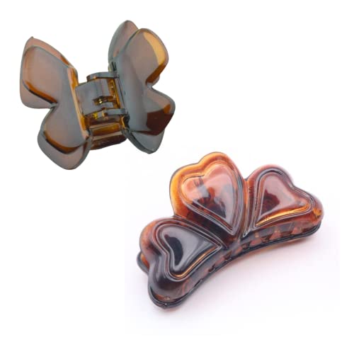 Parcelona French Small Shell 1 3/4" Celluloid Acetate Set of 2 Love Hearts Hair Clip Butterfly Hair Claw Strong Hold No Slip Grip Women Hair Accessories, Made in France