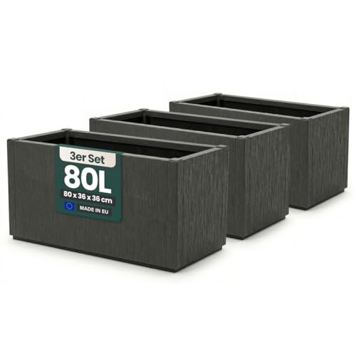 Kreher® XL Pflanzkasten Blumenkasten Anthrazit - 80 x 36 x 36 cm - Kunststoff, frostsicher & wetterfest - Struktur-Design für Garten, Terrasse & Balkon (3)