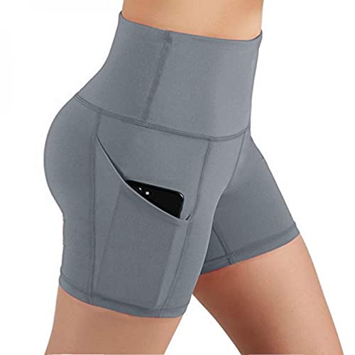 FGDJEE Yoga Shorts for Women Seamless Booty High Waisted Abdomen Control Workout Training Running Pants with Pockets Grey