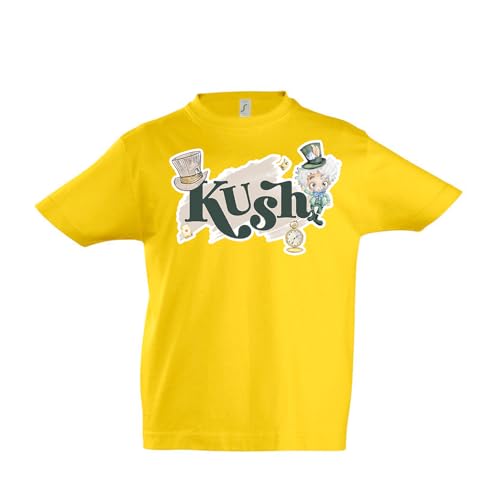 Image of Personalised Wonderland Character Mad-Hatter, Back-to-School Gift for Boys-Kids, Kids Imperial Heavy Cotton Short Sleeve T Shirt. (UK, Age, 8 Years, Regular, Gold)