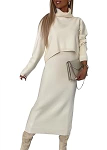 shownicer Damen Strickkleid Zweiteiliger Anzug Rollkragen Winterkleid Langarm Pullover und Maxi Strickrock Bodycon 2 Stück Set Sweater Midikleid Pullikleid Gestrickt Kleid Set A Aprikose S