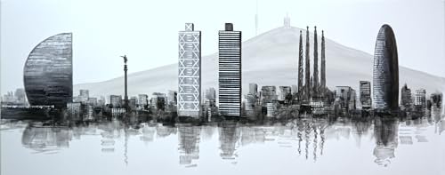 Cuadroexpres - Cuadro Pintado Barcelona en Blanco y Negro 150x60 cm 100% Original, sobre lienzo, listo para colgar. Torre Agbar, Sagrada Familia, Hotel Vela. fIRMADO POR EL ARTISTA