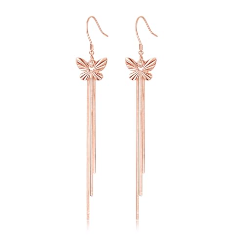 Image of Lynizo Sterling Silver Drop Earrings, Long Silver Butterfly Dangly Earrings