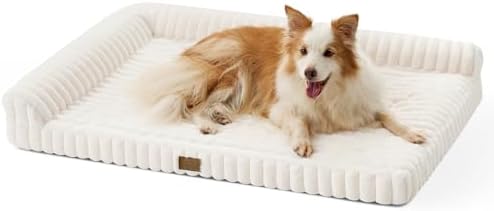 Orthopedic Extra Large XL Dog Bed, Washable Synthetic Fur Sofa for Large Dogs, Non-Slip Bed with Waterproof Cover, Soft, Warm, L, 112 x 81 x 18 cm, Beige