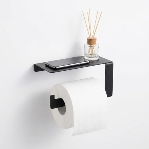 Organizer — Raflı Yapışkanlı Tuvalet Kağıtlığı – Siyah Metal Duvara Yapıştırılabilir WC Kağıtlık – Telefon Standlı Paslanmaz Banyo Kağıtlık – Delmeden Montajlı Modern Raf (Standlı Wc Kağıtlık)