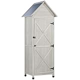 Narrow Outdoor Storage Cabinet, 67' Wooden Vertical Garden Tools Shed, Patio Storage Organizer with Latch & Waterproof Roof for Yard Deck Lawn Farmland Equipment(Gray)