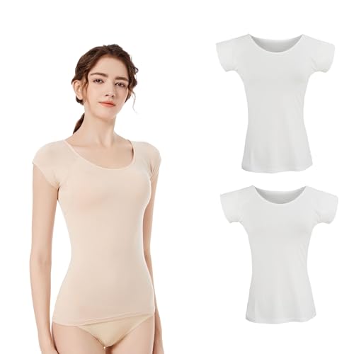 VINELEA 2PCS women modal shirts with underarm sweat pads (WHITE L)