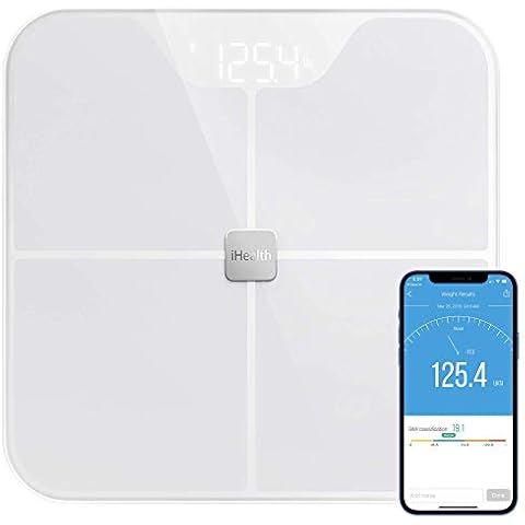 iHealth FIT Body Fat Scale Smart BMI Scale Digital Bathroom Bluetooth Weight Scale, Body Composition Analyzer with Tempered Glass Platform, Large LED Backlit with Smartphone App, 400 lbs - White Cover