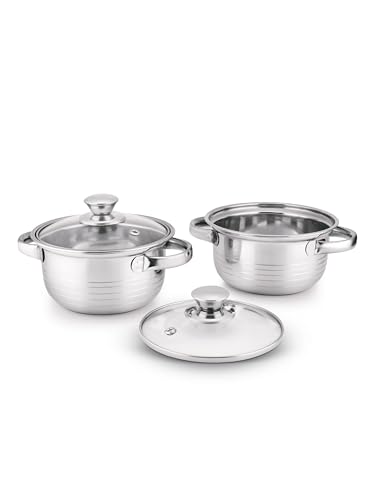 CLASSIC ESSENTIALS Stainless Steel Casserole with Glass Lid (Pack of 2, 1000ml Each) | Food Grade SS 304 Cooking Surface | Induction & Gas Compatible Sandwich Bottom Casserole, Silver