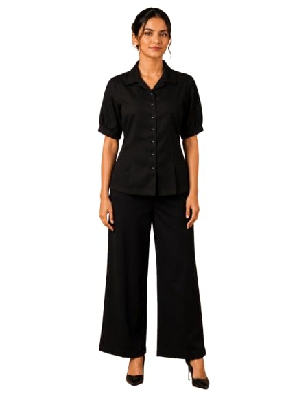 Women's Formal Co-Ord Set | Solid Button-Down Shirt with Wide Leg Palazzo Pants | Office Wear Two Piece Outfit | Casual-image-1