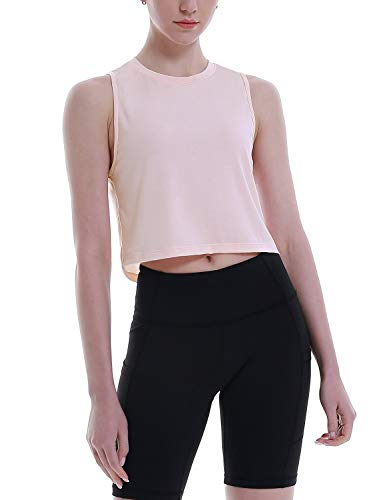 BALEAF Women\'s Workout Sleeveless Shirts Quick Dry Cropped Tank Tops Loose Fit Muscle Shirts Athletic Gym Yoga Tops Pink Size S