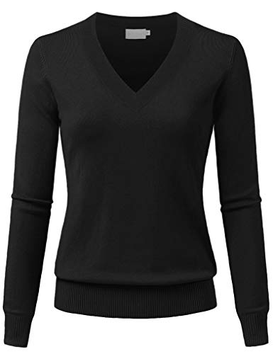 Women's V-Neck Long Sleeve Solid Basic Soft Stretch Pullover Knit Sweater