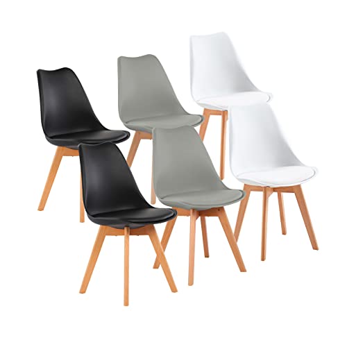 H.J WeDoo Pack de 6 Sillas de Comedor Modernas con Patas de Haya y Asiento Tapizado para Cocina, Oficina, Bar, Sala de Estar, Blanco + Negro + Gris