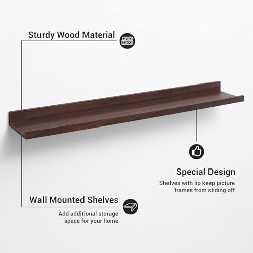 Image of Wooden Floating Wall Shelves Set of 3 for Living Room & Bedroom | Modern Wall Mounted Display Rack for Decor, Photo Frames, Plants & Storage (Walnut, 47 Inch)