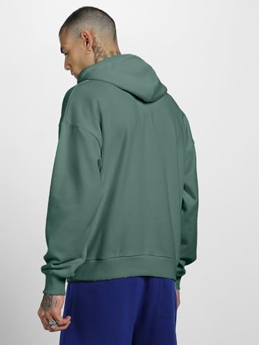 Image of Veirdo Polycotton Spun Oversized Fit Hooded Sweatshirt Full Sleeves Front Chest Graphic Printed Drop Shoulder Jumper Hoodie for Men (Colors: Blue, Black, Gray, Smoke Pine & Peach)