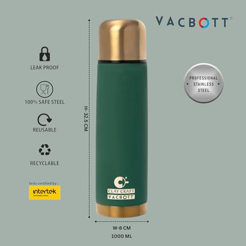 Image of Clay Craft Vacbott Terra Royal Double Walled|18 Hours Hot and 24 Hours|Cold Water Bottle Vacuum Insulated|Thermosteel|Flask Bottle 1000 ml|2 Pcs Travel Bottle|BIS Certified|1 Year Limited Warrnaty