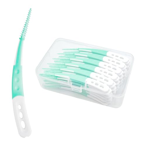 TRUEIN 60 Stück Interdentalbürsten, Weiche Gummi Zahnzwischenraumbürsten, Dentalbürsten mit Box, Gebogene Form Zahnsticks für Reinigen Schwer Erreichbarer Zwischenräume (Grün)