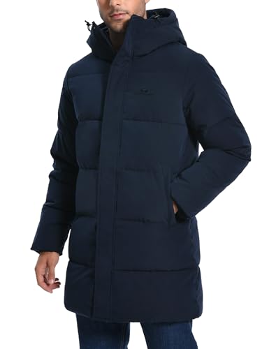 Pioneer Camp Mens Long Winter Coat Hooded Waterproof Insulated Puffer Jacket Thicken Puffy Warm Down Windbreaker Parka, Navy, Medium