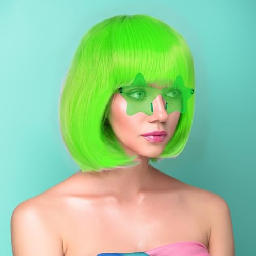 Image of ANOGOL Neon Green Bob Wig with Bangs Green Wigs for Women Colored Wigs | Hair Cap+ Sunglasses Short Neon Wig for Bachelorette Party Funny Outfit for Women Halloween Christmas Costume St Patrick Day