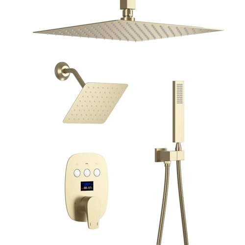 Dual-Rain-Shower-System-Brushed-Gold-Shower-Faucet-Set-with-12-Inch-Ceiling-Luxury-Shower-Head-8-Inch-Tilted-Angle-Wall-Mount-Rainfall-Shower-Head-Digital-Display-Shower-Faucet-and-Handheld