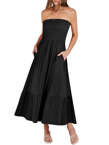 Image of ANRABESS Women's Summer Strapless Smocked A-Line Fit Flare 2024 Fashion Boho Beach Party Long Maxi Dress with Pockets Black-M