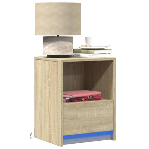 HaoChrymec Mesitas de Noche con Luces LED, 2 Piezas, Material Madera Roble Sonoma, Cajón y USB, Mesa de Cabeceira, Mesillas de Noche Dormitorio, para Habitación o Salón, 38x34x50 cm