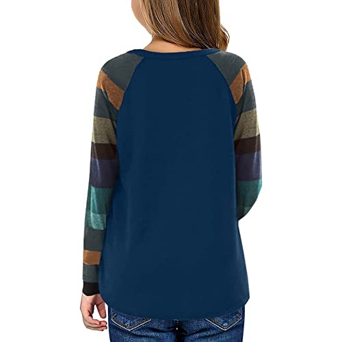 Girls Casual T-Shirt Long Sleeve Tee Tops Color Block Striped Crewneck Loose Tunic Blouse Kids Pullover(Blue,8-9 Years)3