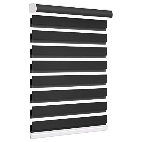 Image of Changshade Custom Size Zebra Blinds Cordless Indoor Window Shades Privacy Dual Layer for Living Room, Bedroom, Bathroom, Kitchen, Nursery, Inside Outside Mount Easy Install, Blackout, Black
