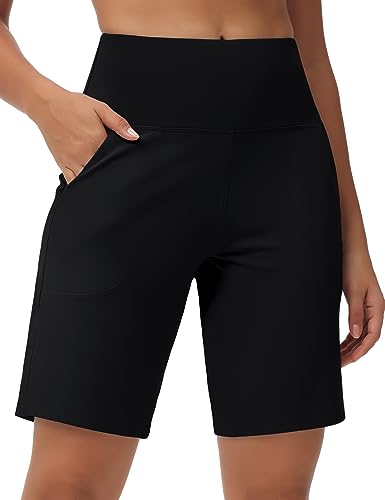 THE GYM PEOPLE Women's High Waisted Bermuda Workout Shorts Long Hiking Running Shorts with Zipper Pockets