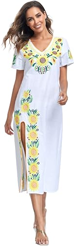 Image of YZXDORWJ Women Mexican Embroidered Dress V Neck Sexy Maxi Short Sleeve Casual Beach Split Dress
