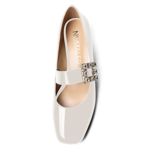 NUMALEO Womens Rhinestone Wedding Square Toe Dress Patent Ankle Strap Solid Bungee Chunky Low Heel Pumps Shoes 2 Inch3