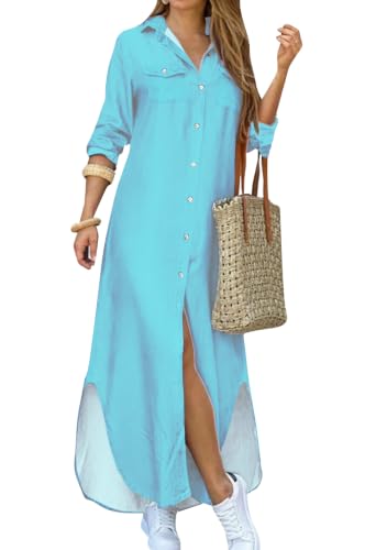 Image of YMING Women's Long Sleeve Button Down Shirt Dress Spring Casual Maxi Dresses Loose Fit Blouse Dress with Pockets