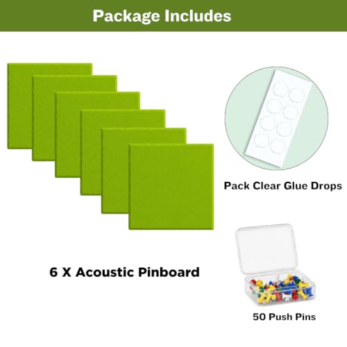 Image of QUIET CANVAS Acoustic Wall Square Pinboard, 1x1ft, Pack 6, 50PushPins Green