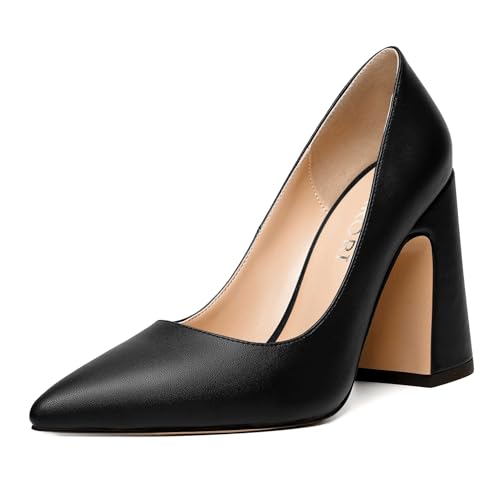 NUMALEO Womens Slip On Solid Pointed Toe Sexy Matte Night Club Block High Heel Pumps Shoes 4 Inch