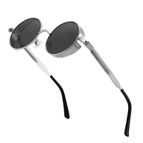 GYsnail Make the world clear 𝗦𝘁𝗲𝗮𝗺𝗽𝘂𝗻𝗸 𝗣𝗼𝗹𝗮𝗿𝗶𝘇𝗲𝗱 𝗦𝘂𝗻𝗴𝗹𝗮𝘀𝘀𝗲𝘀 For Men, Round Gothic Shades Style Women, Metal Circle Frame(Silver)