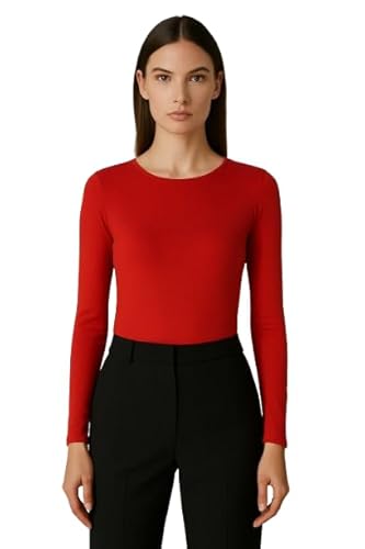 Sxme Might Say Women's Red Stylish Versatile Long Sleeve Scoop Neck Stretch Plain Casual T Shirt Essential Top Blouse Assorted Must Have In Every Wardrobe Uk Sizes Xxxl