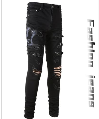 Jeans Pants Trousers Denim Ripped Worn Holes Elastic Tight Personality Embroidered Snake Fold Fringed Black Casual Straight Leg for Men(Black,29)2