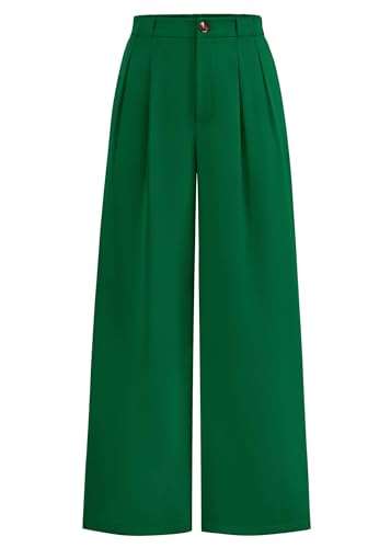 KIRUNDO Wide Leg Dress Pants for Women High Waisted Office Work Trousers Business Casual Slacks Button Flowy Palazzo Pant(Green, Large)