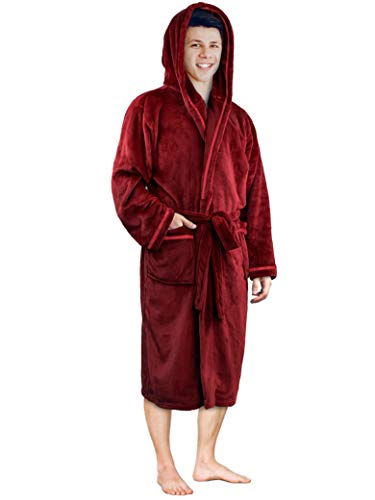 PAVILIA Mens Fleece Hooded Robe with Satin Trim, Shawl Collar | Warm Microfiber