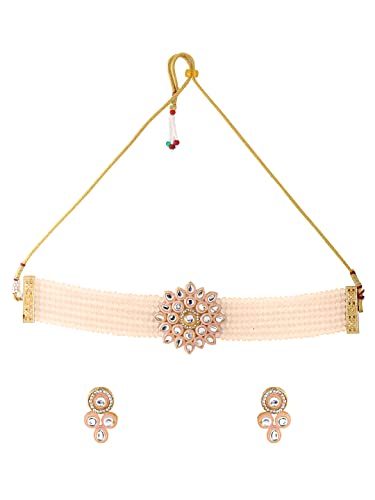 Image of Yellow Chimes Kundan Jewellery Set for Women Ethnic Artificial Beads Peach Floral Traditional Choker Necklace Set for Women and Girls