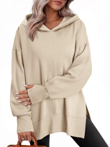 Image of CHICZONE Ladies Pullover Hoodies Oversized Pullover Hooded Long Sleeve Sweatshirts Side Slit Apricot