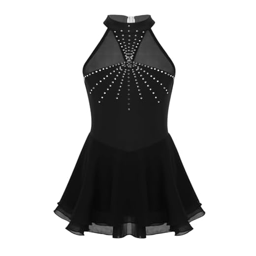 Freebily Vestido de Danza Patinaje Sobre Hielo para Niña Cuello Hálter con Pedrería Brillante Maillot con Falda Tul Ballet Gimnasia Vestido de Bailarina Negro 12 años